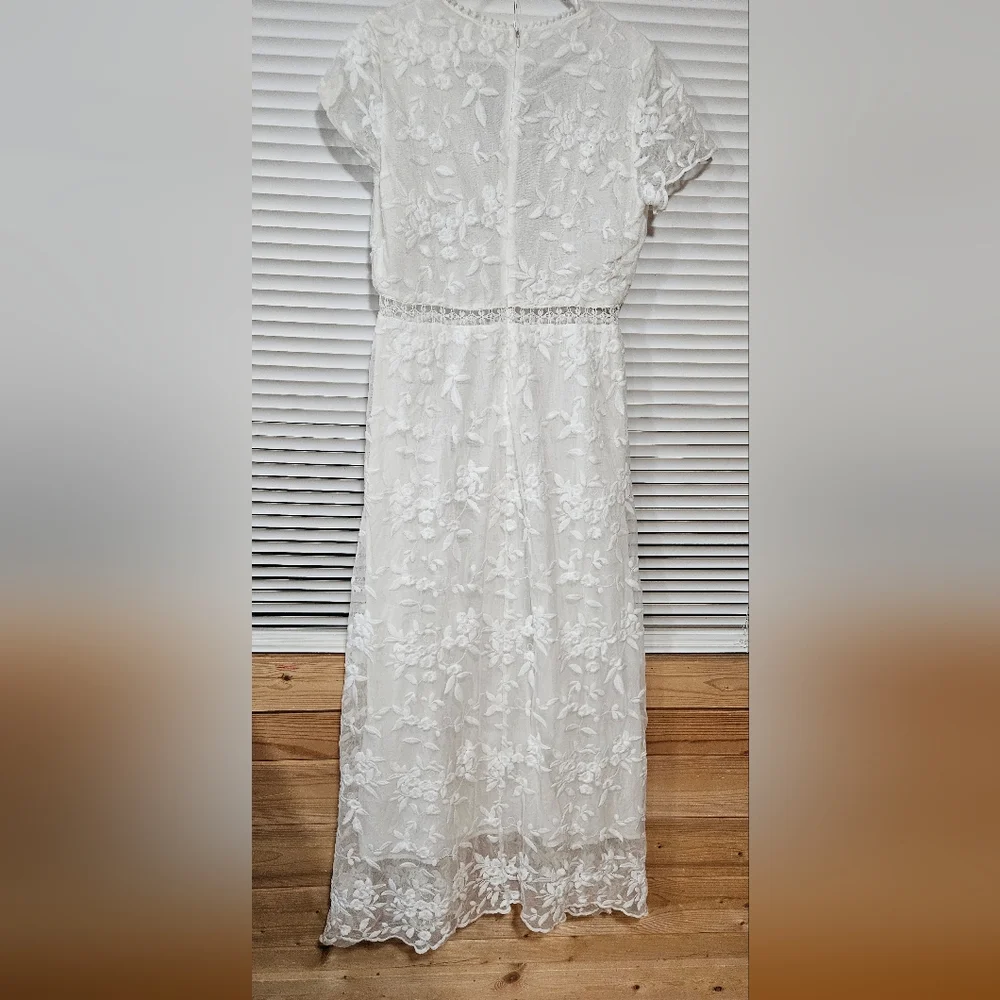 Women’S Summer V-Neck Short Sleeve Lace Hook-Floral Dress Chiffon Fabric Sze L - Picture 5 of 6